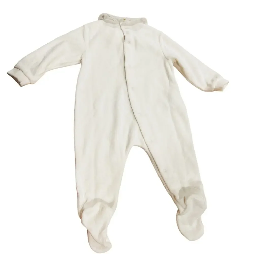 Il Gufo baby white cotton velour jumpsuit floral embroidered collar Size 9M NWT
